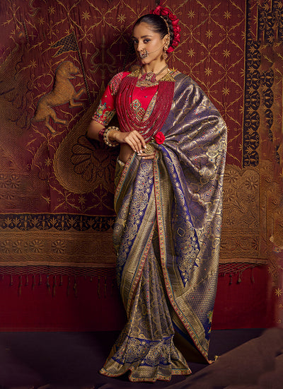 Lavender And Magenta Embroidery Viscose Silk Saree
