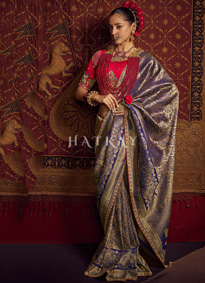 Purple And Red Embroidered Silk Saree