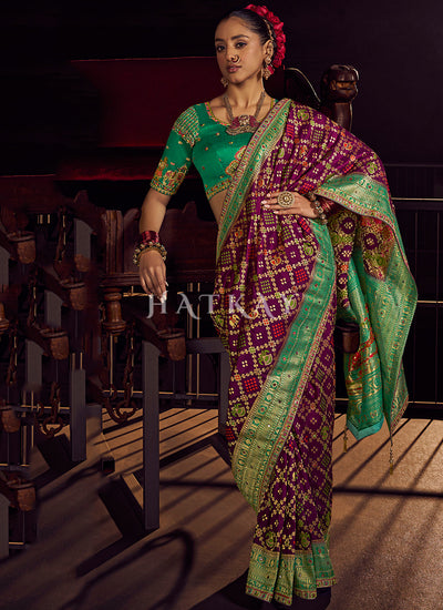 Purple And Green Embroidered Silk Saree
