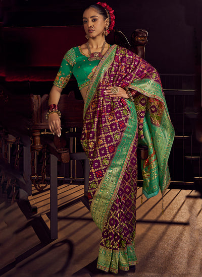 Wine And Green Embroidery Viscose Silk Saree