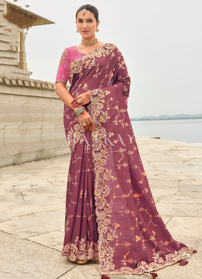 Deep Mauve Multi Embroidery Saree