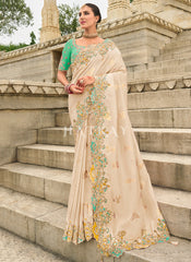 Ivory And Green Multi Embroidery Saree