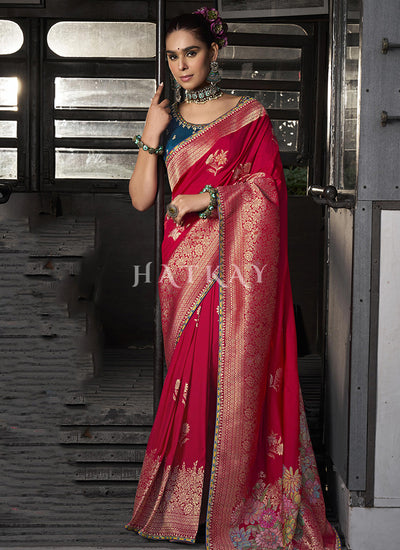 Red And Teal Embroidered Viscose Silk Saree