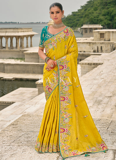 Yellow And Teal Multi Embroidered Saree