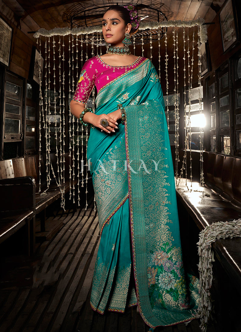 Turquoise And Pink Embroidered Viscose Silk Saree