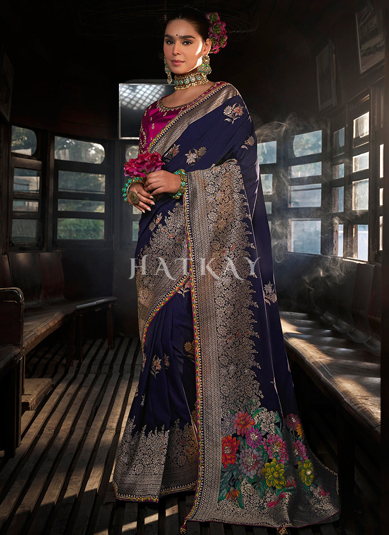 Purple And Magenta Embroidered Viscose Silk Saree