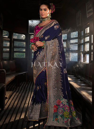 Purple And Magenta Embroidered Viscose Silk Saree