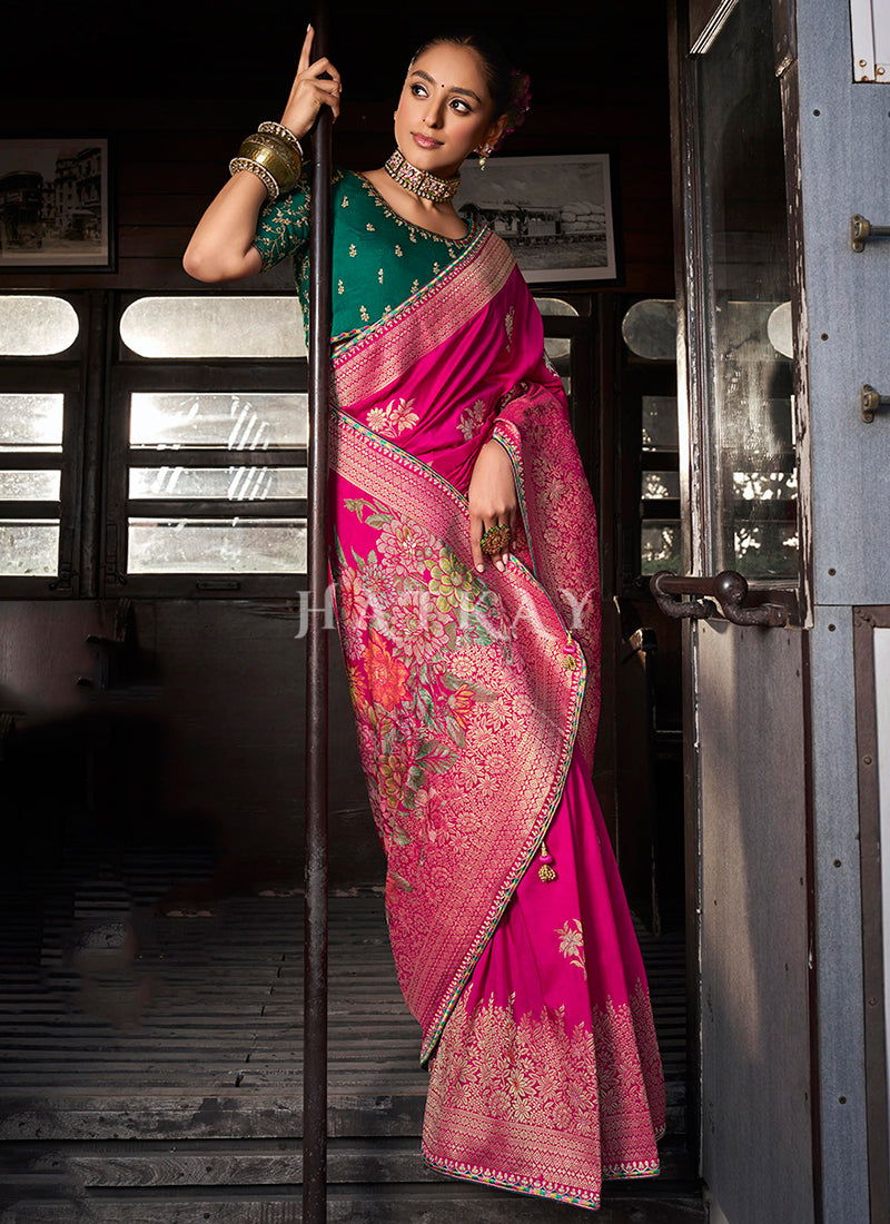 Magenta And Green Embroidered Viscose Silk Saree