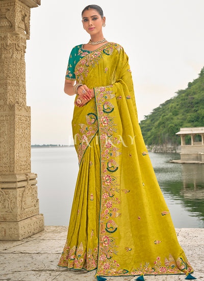 Lime And Teal Multi Embroidered Saree