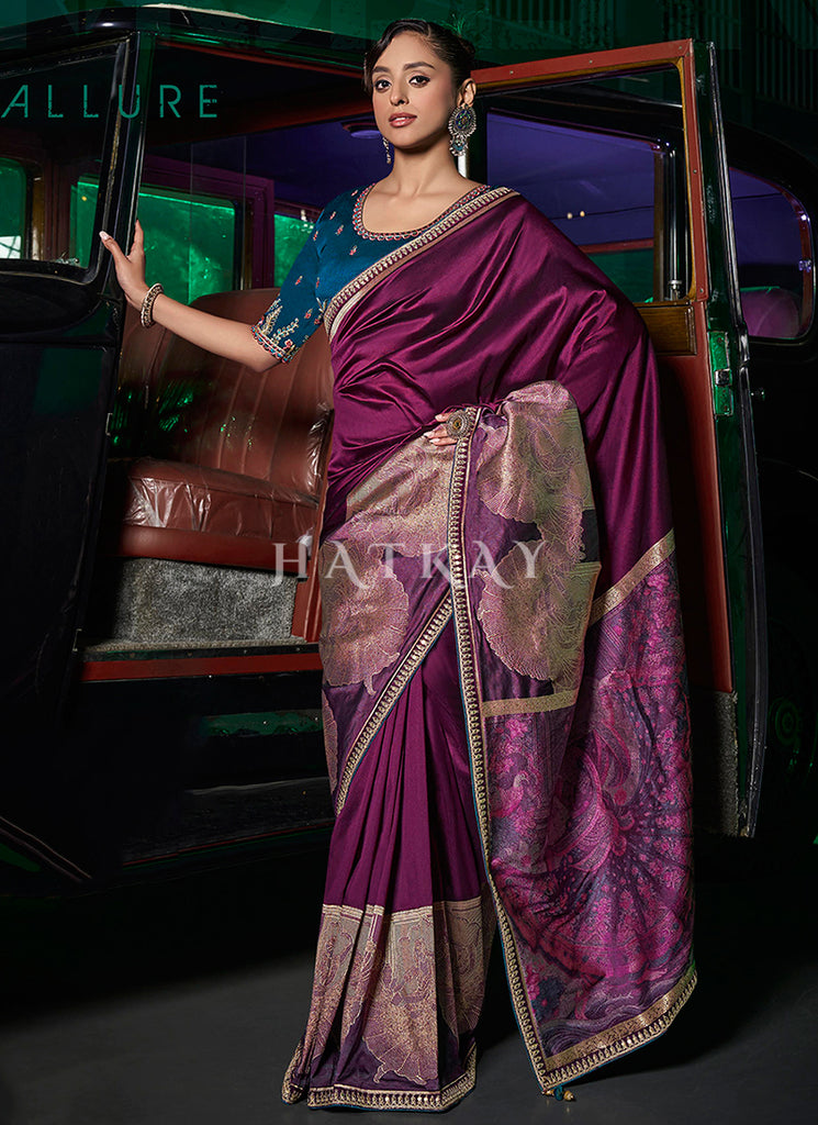 Purple And Teal Embroidered Silk Saree