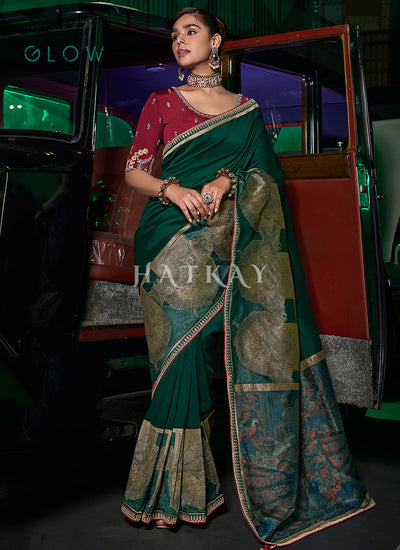 Green And Red Embroidered Silk Saree