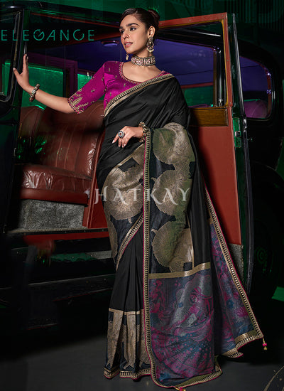 Black And Purple Embroidered Silk Saree
