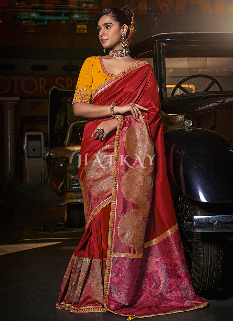Red And Yellow Embroidered Silk Saree