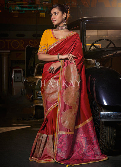 Red And Yellow Embroidered Silk Saree