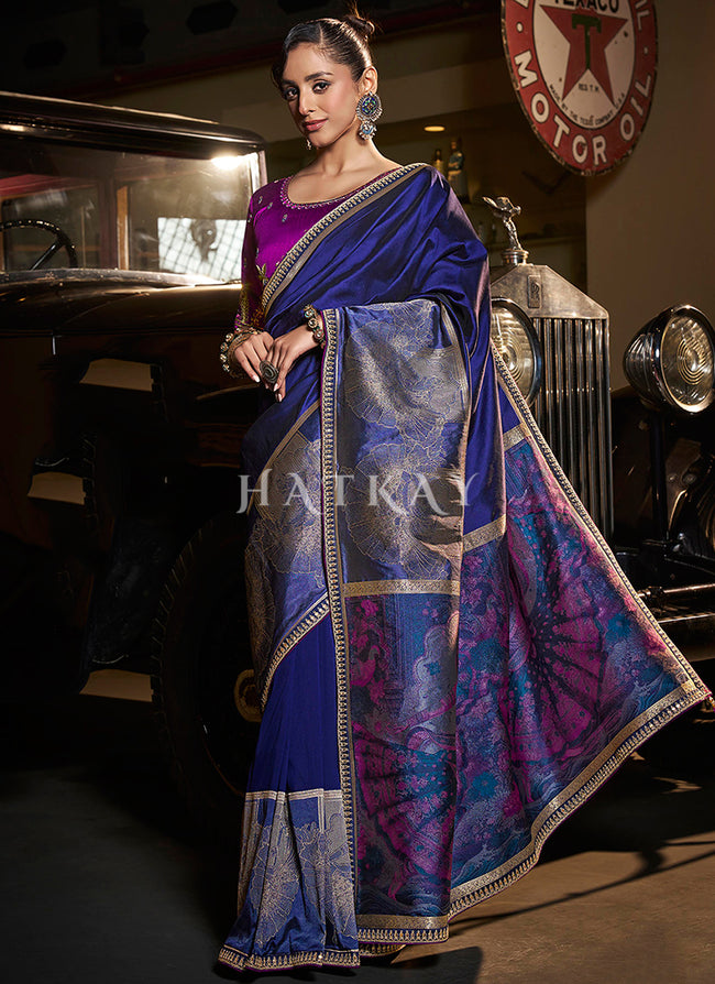 Blue And Purple Embroidered Silk Saree