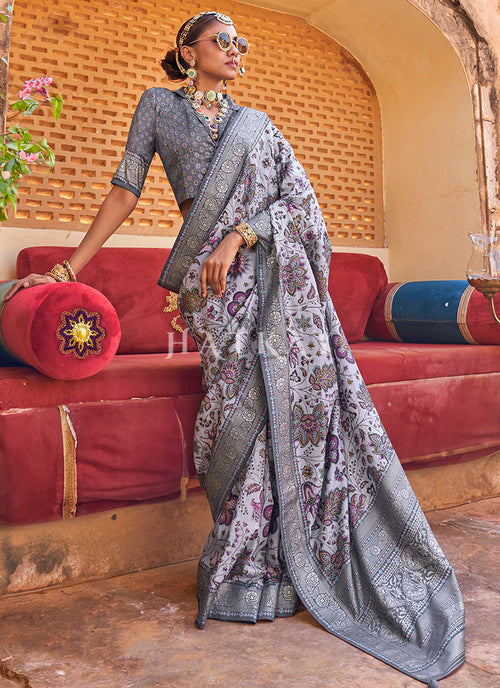 Slate Grey Zari Brocade Detailed Silk Saree