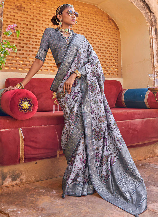 Slate Grey Zari Brocade Detailed Silk Saree