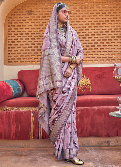 Lavender Zari Brocade Detailed Silk Saree