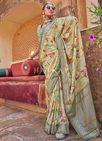 Light Green Zari Brocade Detailed Silk Saree