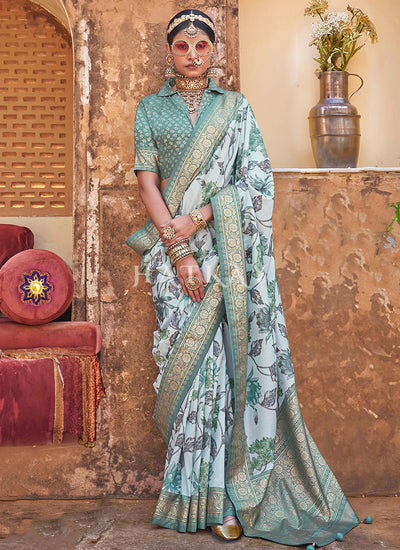 Teal Blue Zari Brocade Detailed Silk Saree
