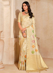 Ivory Beige Traditional Silk Saree