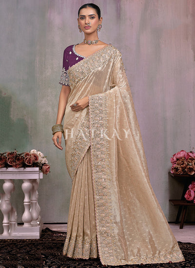 Beige Golden And Purple Handwork Embroidery Wedding Saree