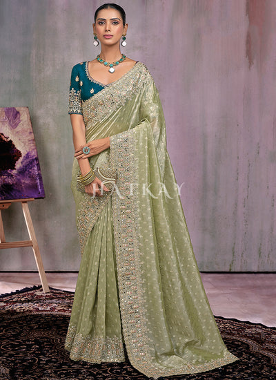 Green And Turquoise Handwork Embroidery Wedding Saree