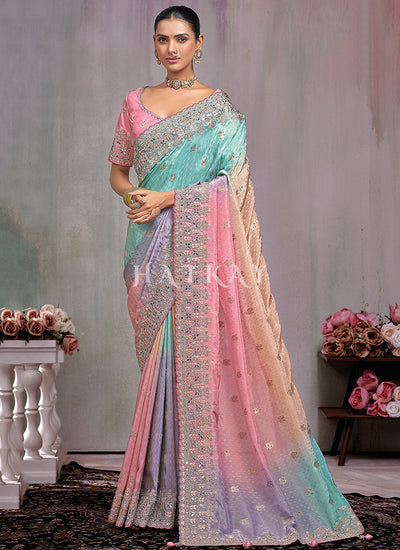 Pink Multicolored Handwork Embroidery Wedding Saree