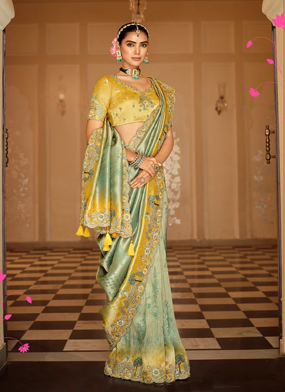 Green and Yellow Multi Embroidered Wedding Saree