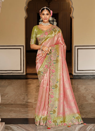 Pink and Green Multi Embroidered Wedding Saree