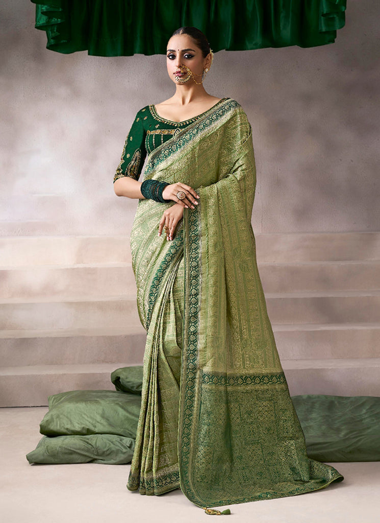 Green Two Tone Embroidery Crepe Silk Saree