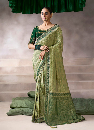 Green Two Tone Embroidery Crepe Silk Saree