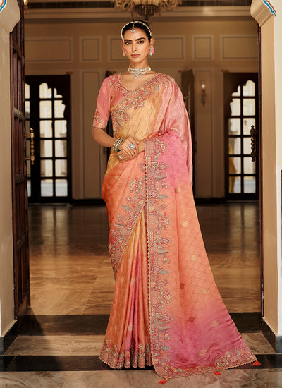 Peach Ombre Multi Embroidered Wedding Saree