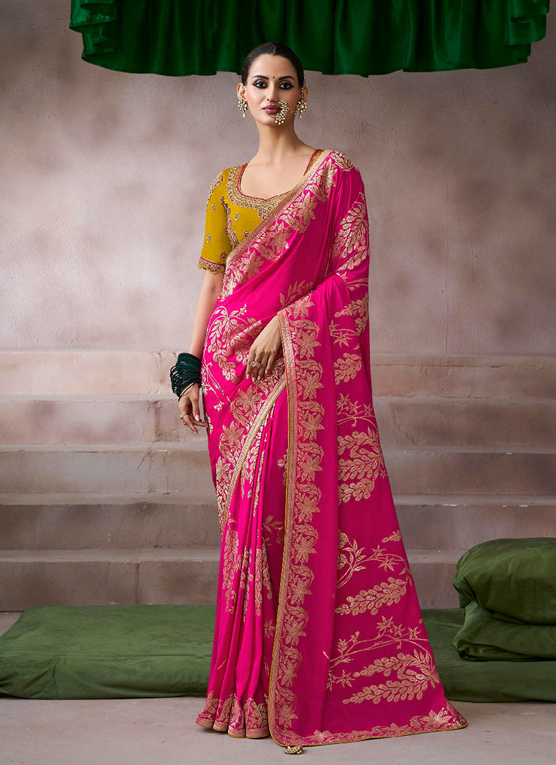 Magenta and Yellow Embroidery Crepe Silk Saree