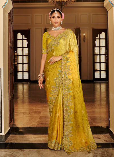Mustard Yellow Multi Embroidered Wedding Saree