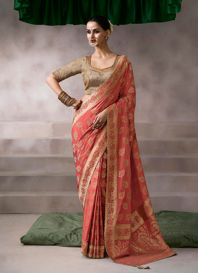 Peach and Beige Embroidery Crepe Silk Saree