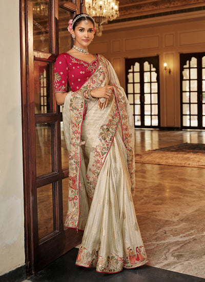 Ivory and Red Multi Embroidered Wedding Saree
