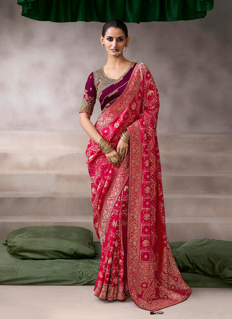 Crimson and Wine Embroidery Crepe Silk Saree