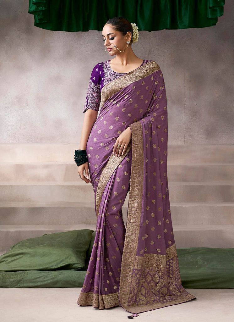 Purple Two Tone Embroidery Crepe Silk Saree