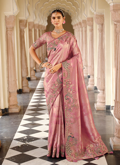 Rose Pink Multi Embroidered Wedding Saree