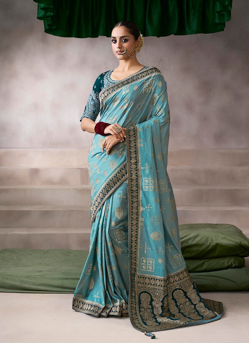 Sky Blue and Green Embroidery Crepe Silk Saree