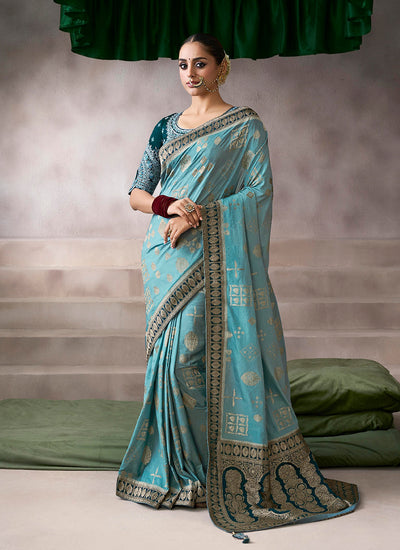 Sky Blue and Green Embroidery Crepe Silk Saree