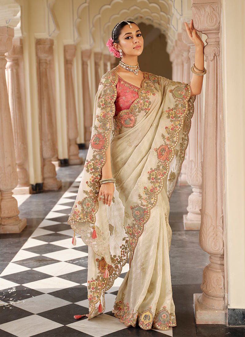 Cream and Pink Multi Embroidered Wedding Saree