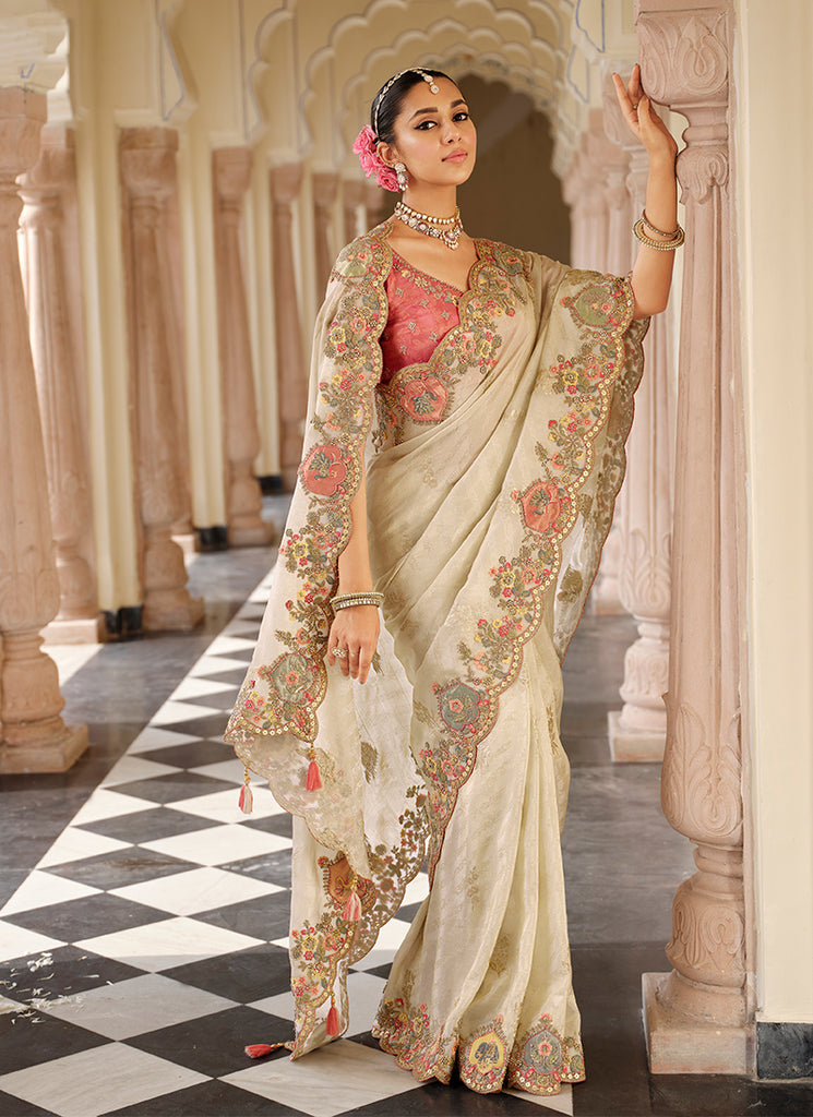 Cream and Pink Multi Embroidered Wedding Saree