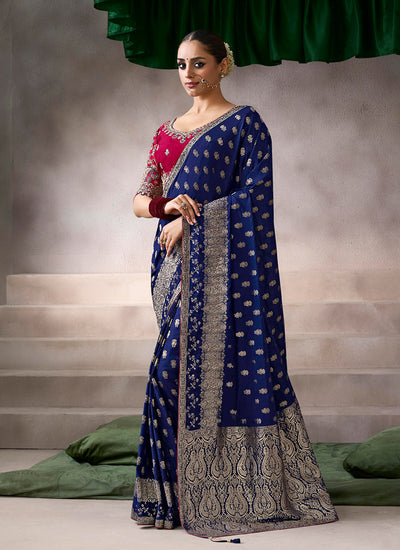Dark Blue and Red Embroidery Crepe Silk Saree