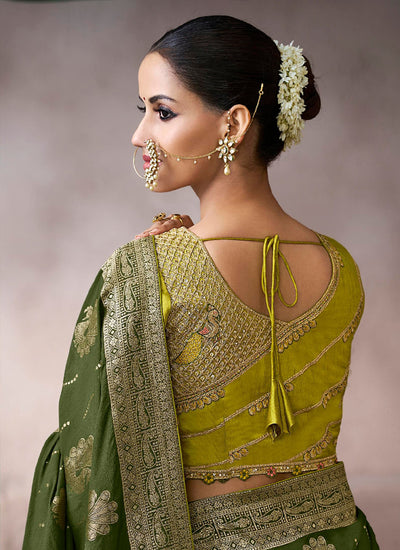Green and Lime Embroidery Crepe Silk Saree