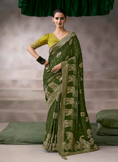 Green and Lime Embroidery Crepe Silk Saree