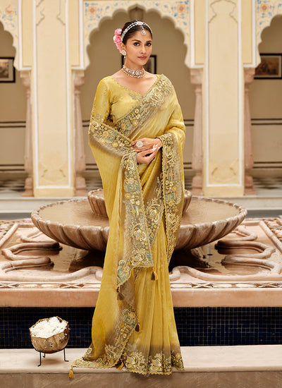 Golden Yellow Multi Embroidered Wedding Saree