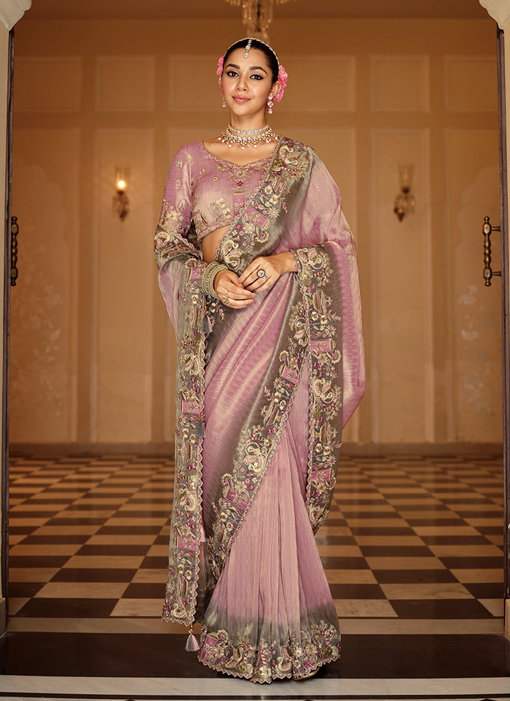 Mauve Purple Multi Embroidered Wedding Saree