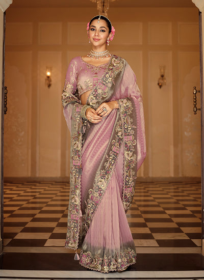 Mauve Purple Multi Embroidered Wedding Saree